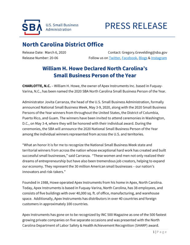 press release by north carolina district office - william howe small business person of the year march 2020