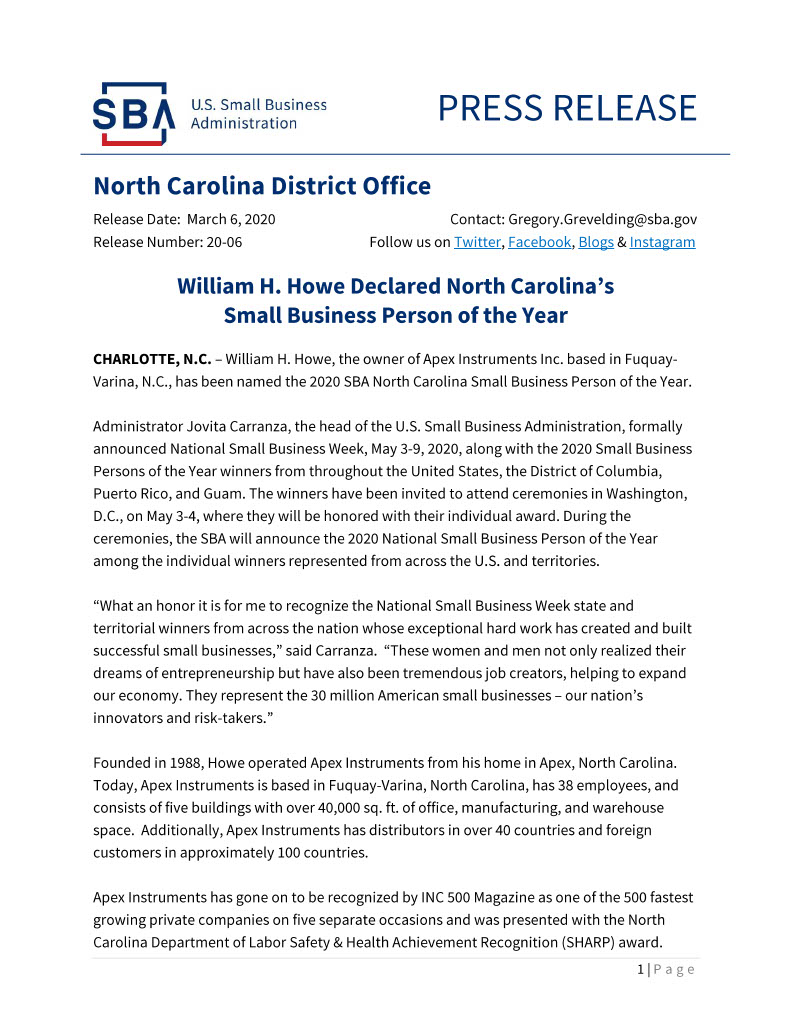 press release by north carolina district office - william howe small business person of the year march 2020